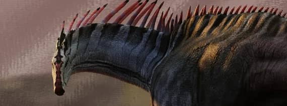 Close-up of a spined dinosaur's crimson dorsal crest