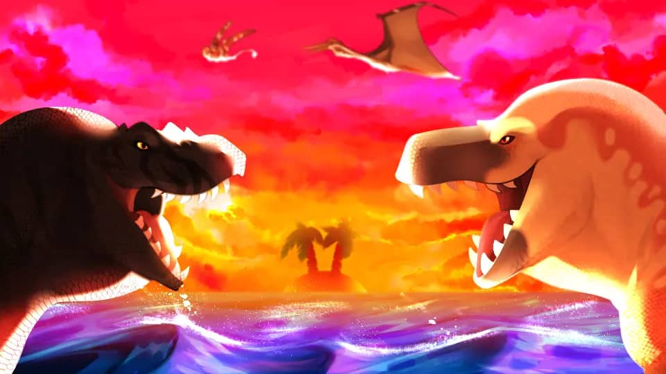 Jurassic Island terms of use. Two Tyrannosaurus rexes facing off at sunset over the ocean.